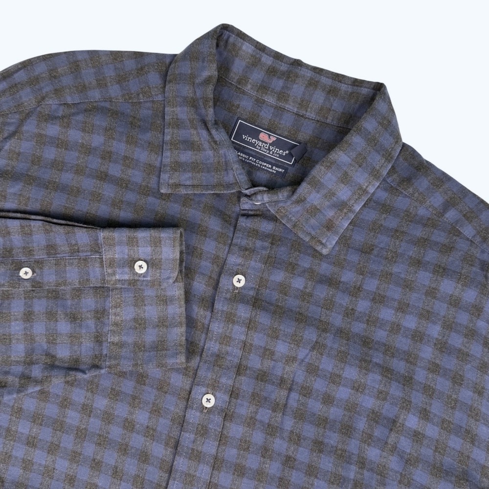 Vineyard Vines Mens XXL Shirt Blue Grey Cotton Cashmere Check Classic Fit
